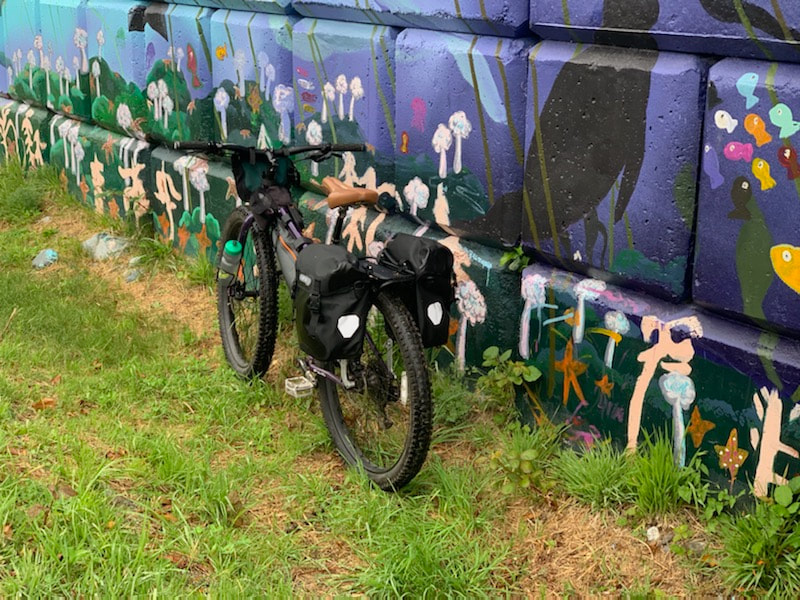bike leaning on a painted wall